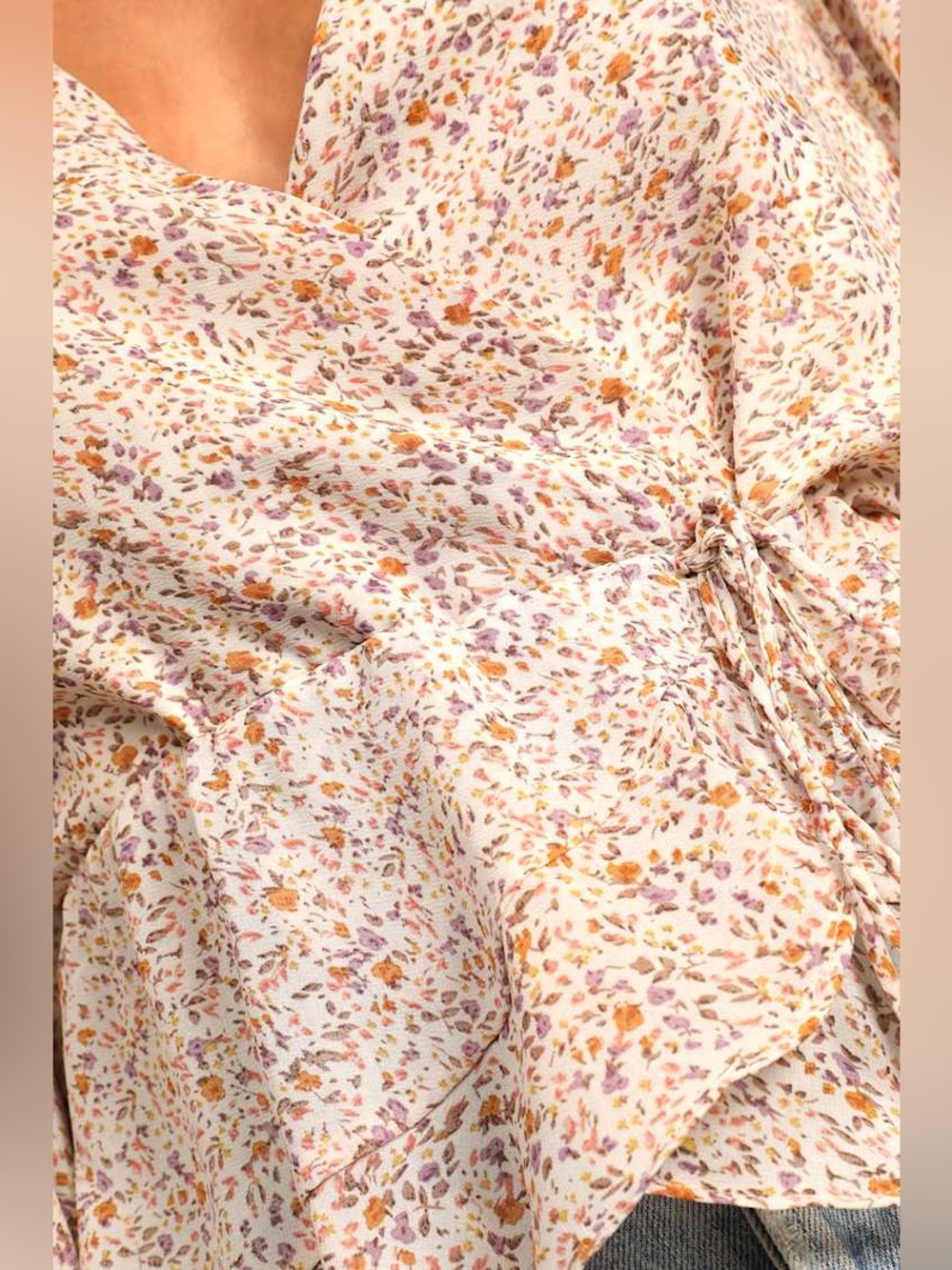 LULU’s Bell-Sleeve Floral V-Neck Peplum Wrap Blouse Shirt Top Cropped Medium - Picture 7 of 12